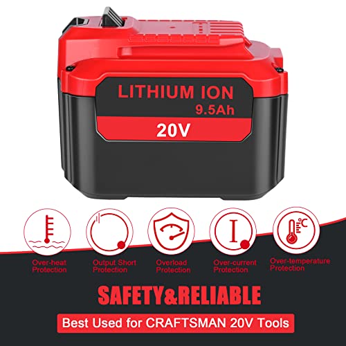 JYJZPB 9.5Ah 20V Replacement Battery for V20 Craftsman 20V Battery MAX CMCB204 CMCB205 CMCB206 CMCB202 CMCB201 Compatible for Craftsman V20 Series Lithium Ion Battery Cordless Power Tools