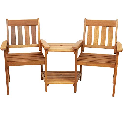 Sunnydaze Meranti Wood with Teak Oil Finish Outdoor Jack-and-Jill Chairs with Attached Table - 2-Chair Tete-a-Tete Furniture Set for Garden, Lawn, Porch, Balcony and Lawn - 65-Inch