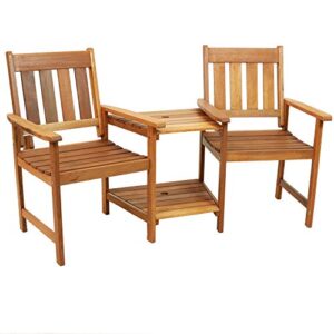 sunnydaze meranti wood with teak oil finish outdoor jack-and-jill chairs with attached table – 2-chair tete-a-tete furniture set for garden, lawn, porch, balcony and lawn – 65-inch
