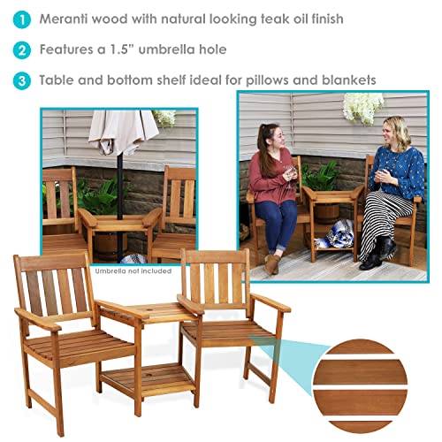 Sunnydaze Meranti Wood with Teak Oil Finish Outdoor Jack-and-Jill Chairs with Attached Table - 2-Chair Tete-a-Tete Furniture Set for Garden, Lawn, Porch, Balcony and Lawn - 65-Inch