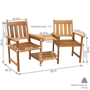 Sunnydaze Meranti Wood with Teak Oil Finish Outdoor Jack-and-Jill Chairs with Attached Table - 2-Chair Tete-a-Tete Furniture Set for Garden, Lawn, Porch, Balcony and Lawn - 65-Inch