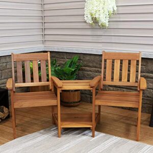 Sunnydaze Meranti Wood with Teak Oil Finish Outdoor Jack-and-Jill Chairs with Attached Table - 2-Chair Tete-a-Tete Furniture Set for Garden, Lawn, Porch, Balcony and Lawn - 65-Inch