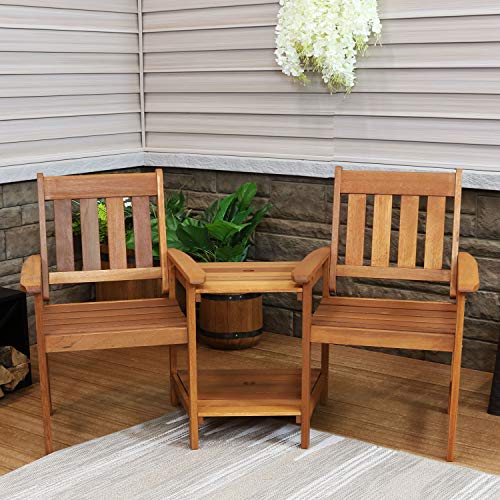 Sunnydaze Meranti Wood with Teak Oil Finish Outdoor Jack-and-Jill Chairs with Attached Table - 2-Chair Tete-a-Tete Furniture Set for Garden, Lawn, Porch, Balcony and Lawn - 65-Inch