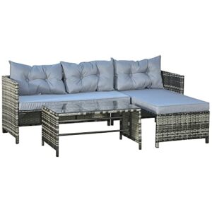 outsunny 3 piece patio furniture set, rattan outdoor sofa set with chaise lounge & loveseat, soft cushions, tempered glass table, l-shaped sectional couch, light gray