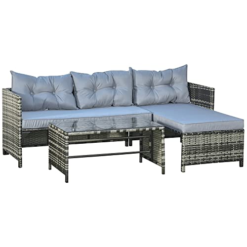 Outsunny 3 Piece Patio Furniture Set, Rattan Outdoor Sofa Set with Chaise Lounge & Loveseat, Soft Cushions, Tempered Glass Table, L-Shaped Sectional Couch, Light Gray