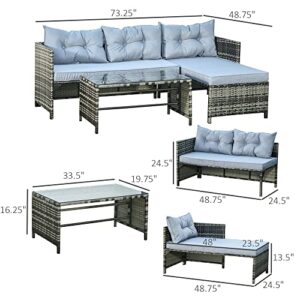 Outsunny 3 Piece Patio Furniture Set, Rattan Outdoor Sofa Set with Chaise Lounge & Loveseat, Soft Cushions, Tempered Glass Table, L-Shaped Sectional Couch, Light Gray