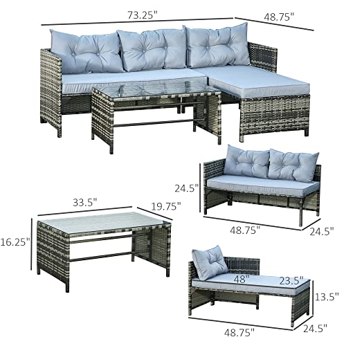 Outsunny 3 Piece Patio Furniture Set, Rattan Outdoor Sofa Set with Chaise Lounge & Loveseat, Soft Cushions, Tempered Glass Table, L-Shaped Sectional Couch, Light Gray