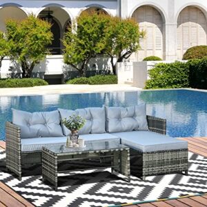 Outsunny 3 Piece Patio Furniture Set, Rattan Outdoor Sofa Set with Chaise Lounge & Loveseat, Soft Cushions, Tempered Glass Table, L-Shaped Sectional Couch, Light Gray