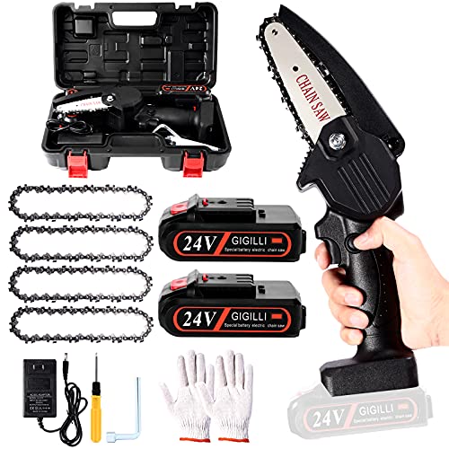 Gigilli Mini Chainsaw With 2 Batteries 4 Chain, 4-Inch Mini Cordless Chainsaw Battery Powered Portable, Christmas Gift Handheld Small Electric Chainsaw for Tree Trimming Branch Pruning Wood Cutting