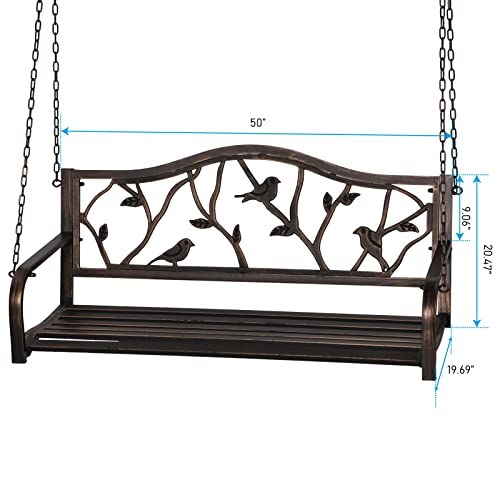 MFSTUDIO 50 Inches Patio Front Porch Swing,Outdoor Iron Metal Swing Chair with Chains,Pastoral Bird Backrest,Steel Hanging Bench Chair for Garden,Yard,Deck-Bronze