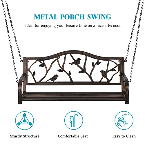 MFSTUDIO 50 Inches Patio Front Porch Swing,Outdoor Iron Metal Swing Chair with Chains,Pastoral Bird Backrest,Steel Hanging Bench Chair for Garden,Yard,Deck-Bronze