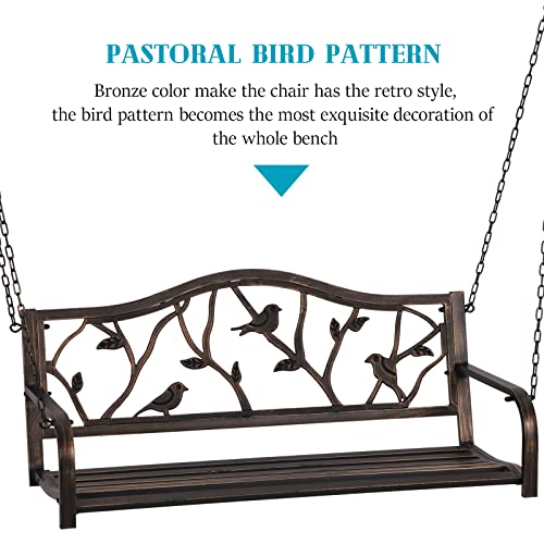 MFSTUDIO 50 Inches Patio Front Porch Swing,Outdoor Iron Metal Swing Chair with Chains,Pastoral Bird Backrest,Steel Hanging Bench Chair for Garden,Yard,Deck-Bronze