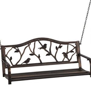 MFSTUDIO 50 Inches Patio Front Porch Swing,Outdoor Iron Metal Swing Chair with Chains,Pastoral Bird Backrest,Steel Hanging Bench Chair for Garden,Yard,Deck-Bronze