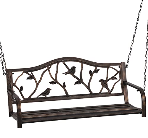 MFSTUDIO 50 Inches Patio Front Porch Swing,Outdoor Iron Metal Swing Chair with Chains,Pastoral Bird Backrest,Steel Hanging Bench Chair for Garden,Yard,Deck-Bronze