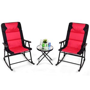 giantex 3 pcs folding bistro set outdoor patio rocking chairs round table set 2 rocking chairs w/glass coffee table for yard, patio, deck, backyard padded seat (red & black)