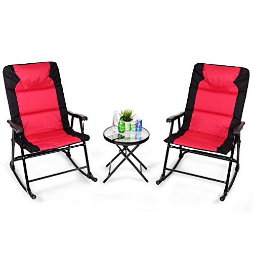 Giantex 3 PCS Folding Bistro Set Outdoor Patio Rocking Chairs Round Table Set 2 Rocking Chairs w/Glass Coffee Table for Yard, Patio, Deck, Backyard Padded Seat (Red & Black)