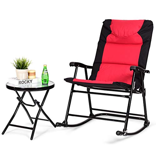 Giantex 3 PCS Folding Bistro Set Outdoor Patio Rocking Chairs Round Table Set 2 Rocking Chairs w/Glass Coffee Table for Yard, Patio, Deck, Backyard Padded Seat (Red & Black)