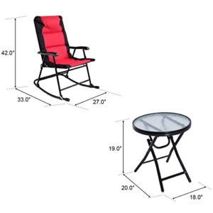 Giantex 3 PCS Folding Bistro Set Outdoor Patio Rocking Chairs Round Table Set 2 Rocking Chairs w/Glass Coffee Table for Yard, Patio, Deck, Backyard Padded Seat (Red & Black)