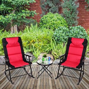 Giantex 3 PCS Folding Bistro Set Outdoor Patio Rocking Chairs Round Table Set 2 Rocking Chairs w/Glass Coffee Table for Yard, Patio, Deck, Backyard Padded Seat (Red & Black)