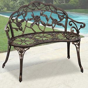dkeli garden bench outdoor bench park benches for outdoors metal aluminum porch chair seat furniture perfect for patio park yard deck entryway, floral rose accented bronze