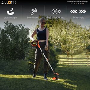 ALLONE Electric Weed Eater Battery Powered with Power Display & 3-Level Speed Control, Powerful Brush Cutter Lightweight Cordless Grass Trimmer with Heavy Duty Metal Blades, 4.0Ah Battery and Charger