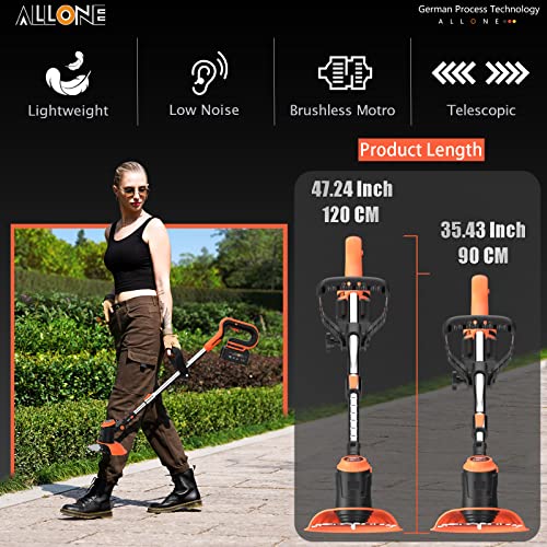 ALLONE Electric Weed Eater Battery Powered with Power Display & 3-Level Speed Control, Powerful Brush Cutter Lightweight Cordless Grass Trimmer with Heavy Duty Metal Blades, 4.0Ah Battery and Charger