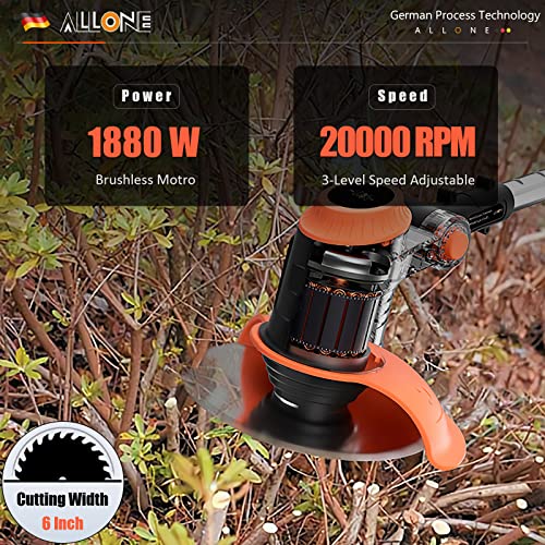 ALLONE Electric Weed Eater Battery Powered with Power Display & 3-Level Speed Control, Powerful Brush Cutter Lightweight Cordless Grass Trimmer with Heavy Duty Metal Blades, 4.0Ah Battery and Charger