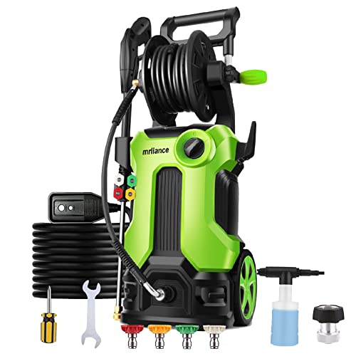 mrliance Electric Pressure Washer 2.11GPM Power Washer High Power Cleaner with Hose Reel, 4 Adjustable Nozzles, Soap Bottle for Car, Home, Garden (Green)