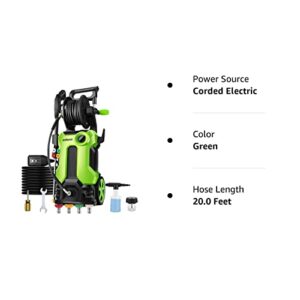 mrliance Electric Pressure Washer 2.11GPM Power Washer High Power Cleaner with Hose Reel, 4 Adjustable Nozzles, Soap Bottle for Car, Home, Garden (Green)