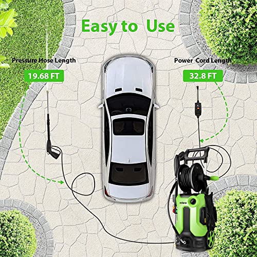 mrliance Electric Pressure Washer 2.11GPM Power Washer High Power Cleaner with Hose Reel, 4 Adjustable Nozzles, Soap Bottle for Car, Home, Garden (Green)
