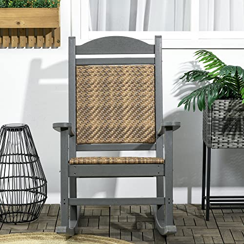 Outsunny Outdoor Rocking Chair, Traditional Wicker Porch Rocker w/Soft Padded Seat, Breathable Backrest, Fade-Resistant Waterproof HDPE Frame with PE Rattan for Indoor & Outdoor, Dark Gray