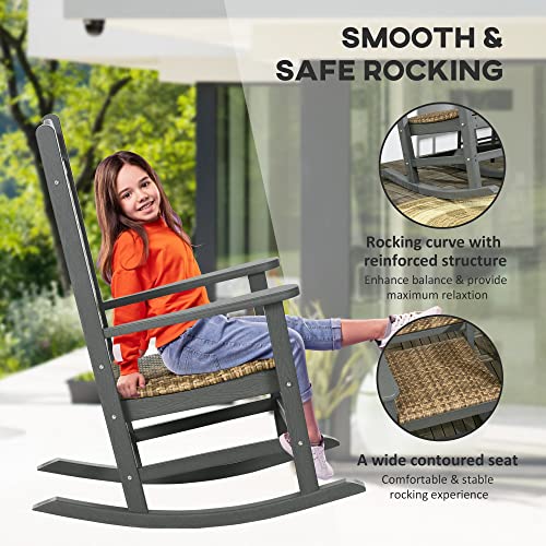 Outsunny Outdoor Rocking Chair, Traditional Wicker Porch Rocker w/Soft Padded Seat, Breathable Backrest, Fade-Resistant Waterproof HDPE Frame with PE Rattan for Indoor & Outdoor, Dark Gray