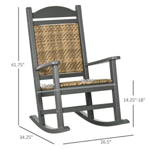 Outsunny Outdoor Rocking Chair, Traditional Wicker Porch Rocker w/Soft Padded Seat, Breathable Backrest, Fade-Resistant Waterproof HDPE Frame with PE Rattan for Indoor & Outdoor, Dark Gray