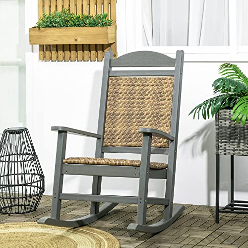 Outsunny Outdoor Rocking Chair, Traditional Wicker Porch Rocker w/Soft Padded Seat, Breathable Backrest, Fade-Resistant Waterproof HDPE Frame with PE Rattan for Indoor & Outdoor, Dark Gray