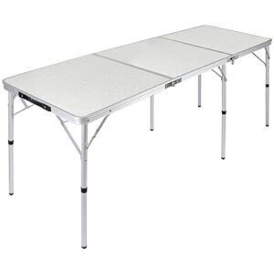 redswing 6 foot folding camping table, aluminum outdoor tri-fold table with adjustable heights legs, 72×24 inches, white