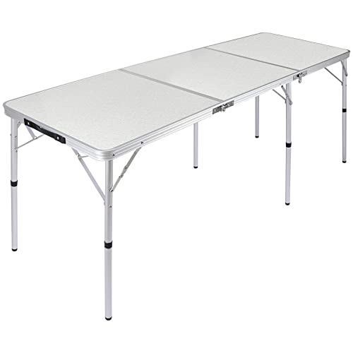 RedSwing 6 Foot Folding Camping Table, Aluminum Outdoor Tri-fold Table with Adjustable Heights Legs, 72x24 Inches, White