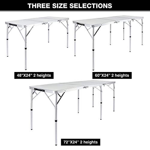 RedSwing 6 Foot Folding Camping Table, Aluminum Outdoor Tri-fold Table with Adjustable Heights Legs, 72x24 Inches, White