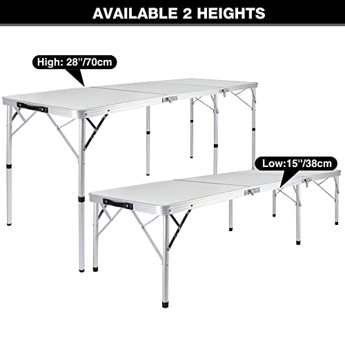 RedSwing 6 Foot Folding Camping Table, Aluminum Outdoor Tri-fold Table with Adjustable Heights Legs, 72x24 Inches, White