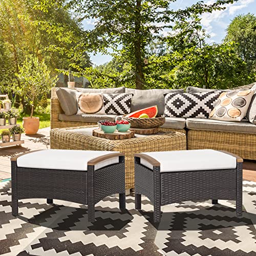 RELAX4LIFE Outdoor Wicker Ottomans for Patio - 2 Pieces PE Rattan Ottoman, Footrest Seat with Zippered Cushions, Acacia Wood Handles, 3-in-1 Footstool, Side Table for Poolside, Backyard (Off White)