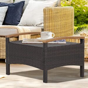 RELAX4LIFE Outdoor Wicker Ottomans for Patio - 2 Pieces PE Rattan Ottoman, Footrest Seat with Zippered Cushions, Acacia Wood Handles, 3-in-1 Footstool, Side Table for Poolside, Backyard (Off White)