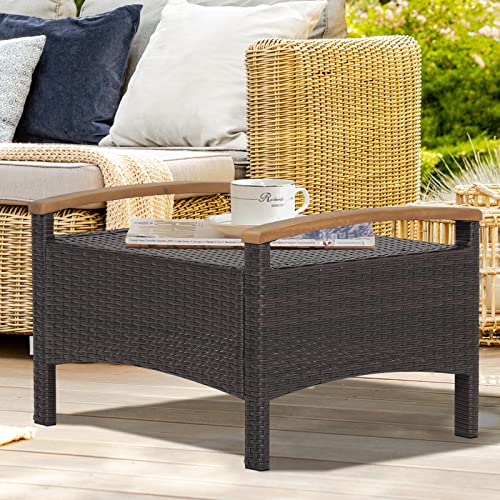 RELAX4LIFE Outdoor Wicker Ottomans for Patio - 2 Pieces PE Rattan Ottoman, Footrest Seat with Zippered Cushions, Acacia Wood Handles, 3-in-1 Footstool, Side Table for Poolside, Backyard (Off White)