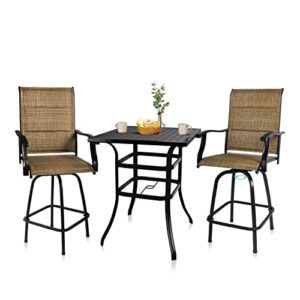 bigroof 3 piece patio bar sets, with 2 outdoor bar swivel stools with high back & armrest and 1 square table with umbrella hole (set of 3)