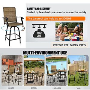 Bigroof 3 Piece Patio Bar Sets, with 2 Outdoor Bar Swivel Stools with High Back & Armrest and 1 Square Table with Umbrella Hole (Set of 3)