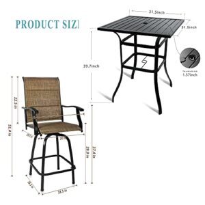 Bigroof 3 Piece Patio Bar Sets, with 2 Outdoor Bar Swivel Stools with High Back & Armrest and 1 Square Table with Umbrella Hole (Set of 3)