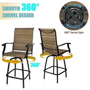 Bigroof 3 Piece Patio Bar Sets, with 2 Outdoor Bar Swivel Stools with High Back & Armrest and 1 Square Table with Umbrella Hole (Set of 3)