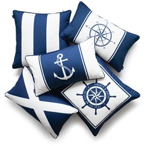 hofdeco nautical indoor outdoor pillow cover only, water resistant for patio lounge sofa, navy blue wheel flag anchor compass stripes, 18″x18″ 12″x20″, set of 5