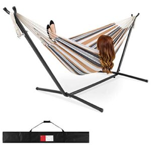 best choice products 2-person double hammock with stand set, indoor outdoor brazilian-style cotton bed for backyard, camping, patio w/carrying bag, steel stand, 450lb weight capacity – desert stripes