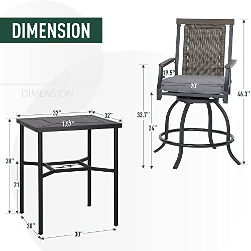 PHI VILLA 5 PCS Outdoor Rattan Swivel Bar Set, Bar Height Chair with 3.5" Thicker Cushion & Retro-Metal Square Table,Sturdy and Durable Bar Set for Poolside,Yard