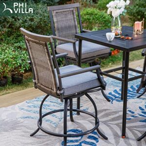 PHI VILLA 5 PCS Outdoor Rattan Swivel Bar Set, Bar Height Chair with 3.5" Thicker Cushion & Retro-Metal Square Table,Sturdy and Durable Bar Set for Poolside,Yard