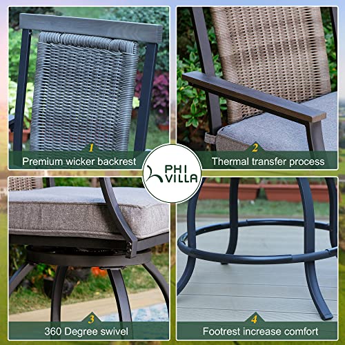 PHI VILLA 5 PCS Outdoor Rattan Swivel Bar Set, Bar Height Chair with 3.5" Thicker Cushion & Retro-Metal Square Table,Sturdy and Durable Bar Set for Poolside,Yard